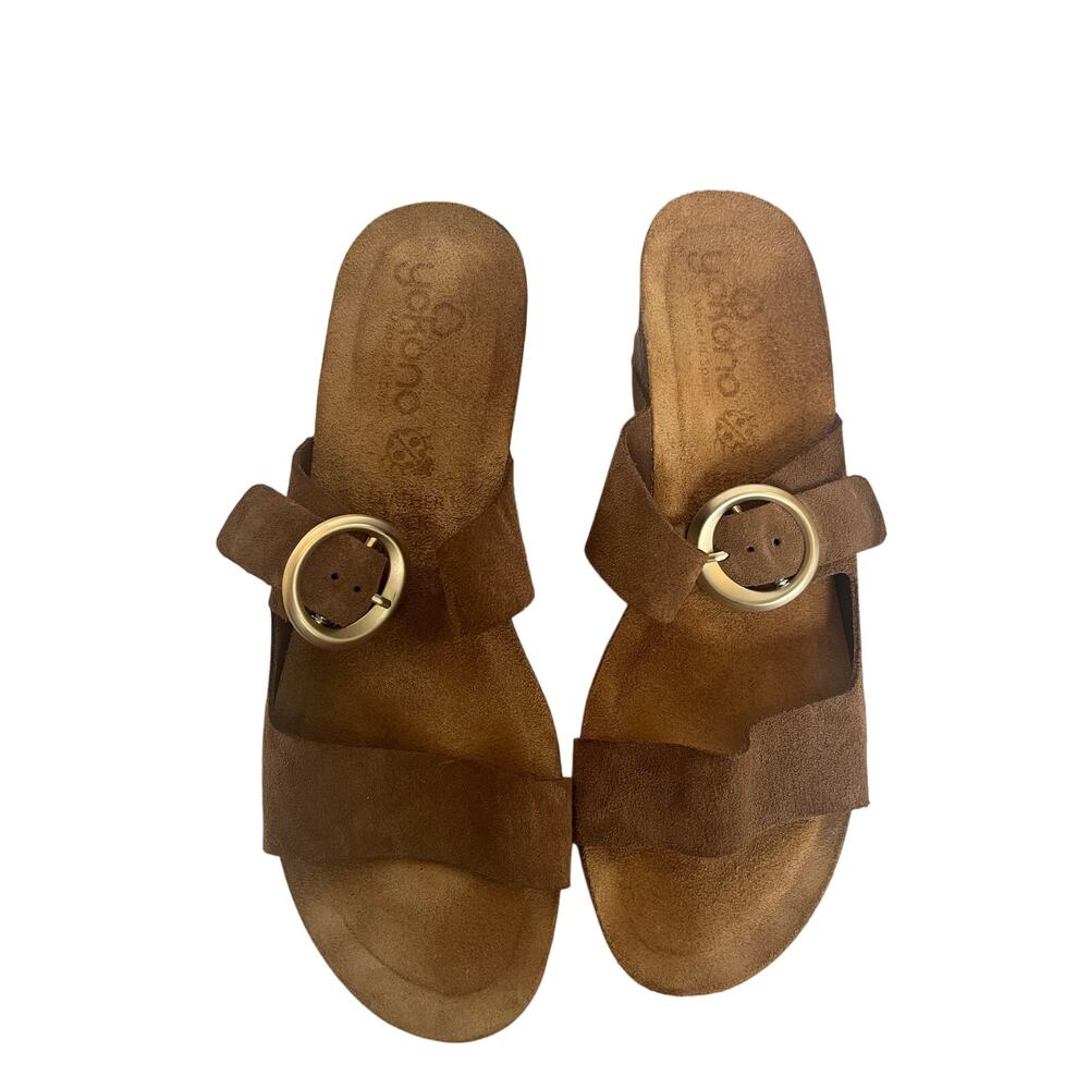 Yokono Suede Wedge Tan Buckle Sandals Size 9.5